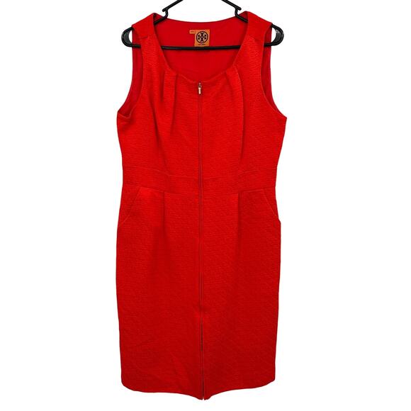 Tory Burch Sz 12 Dress Red Silk Front Zip Sheath Sleeveless Formal Fancy Pockets - Picture 1 of 7